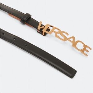 Versace Black Leather Logo Belt with Gold Tone Buckle